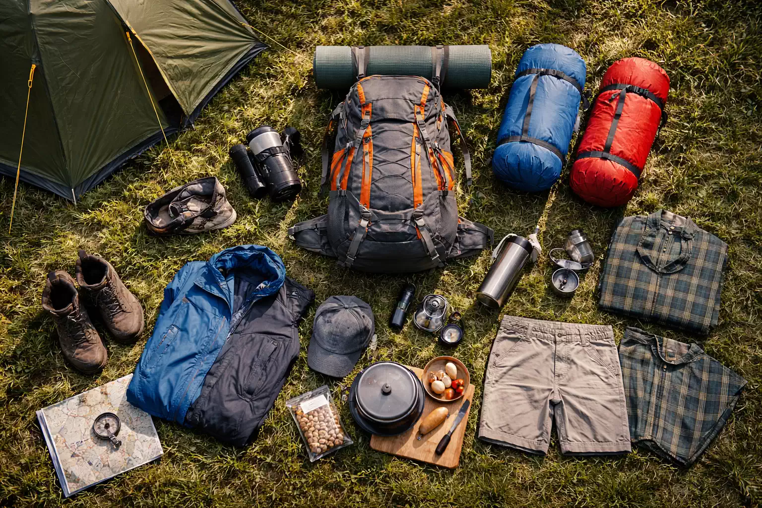 complete camping gear checklist uk showing backpack, sleeping bags, tent, clothing, cooking kit and outdoor essentials arranged on grass