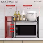 Telescopic microwave shelf demonstrating width expansion from 15.74 inches to 23.6 inches for custom kitchen fit.