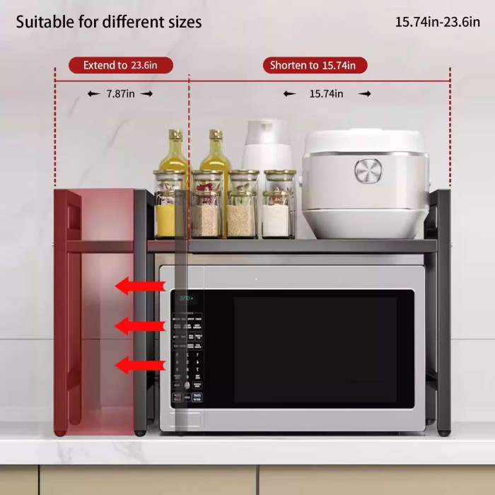 EXPANDABLE MICROWAVE SHELF ORGANIZER (42-64CM)_4 Telescopic microwave shelf demonstrating width expansion from 15.74 inches to 23.6 inches for custom kitchen fit.