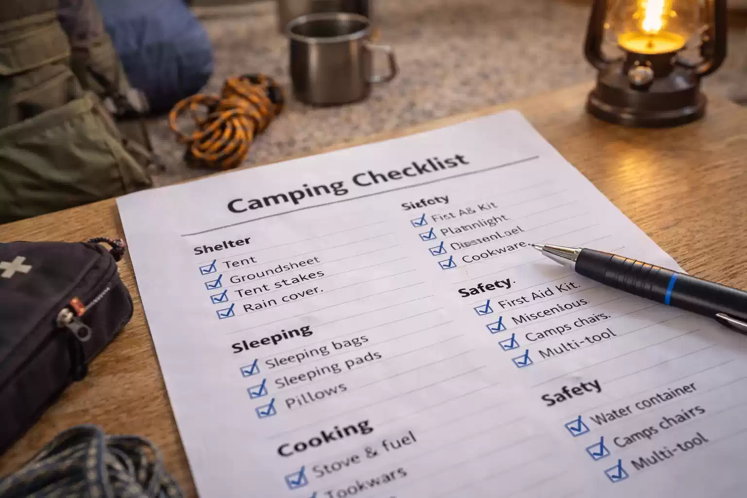 camping checklist UK with gear list including tent, sleeping bag, cookware and safety items