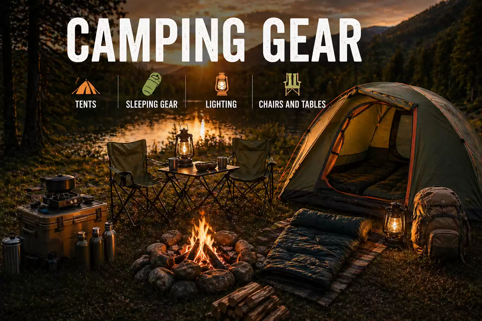 Complete camping setup with tent, campfire, chairs, sleeping gear, and lighting by lakeside at sunset