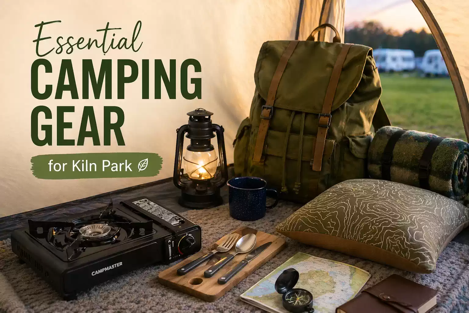 Camping essentials setup with gear inside tent, UK camping checklist for outdoor trips