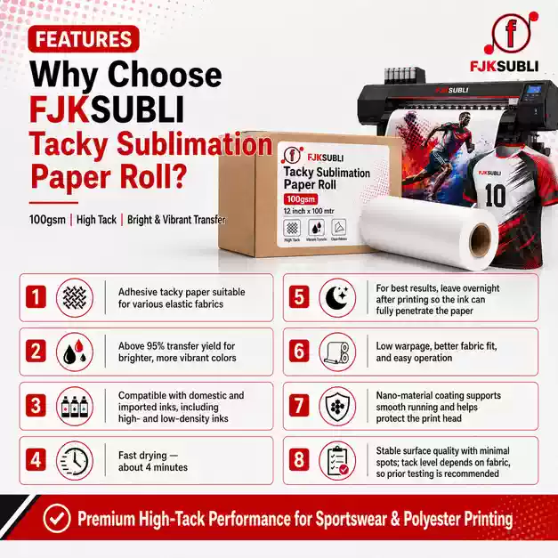 FJKSUBLI 100gsm tacky sublimation paper roll with smooth feeding, clean release and reliable daily printing performance