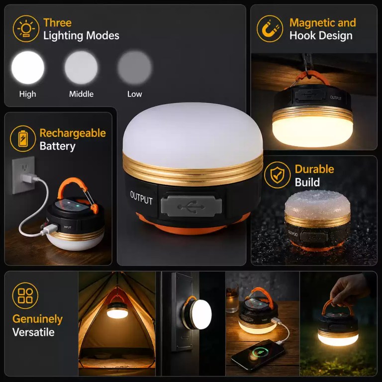 compact rechargeable LED camping light featuring three lighting modes, magnetic and hook design, durable build, and versatile use cases for tents and emergencies.