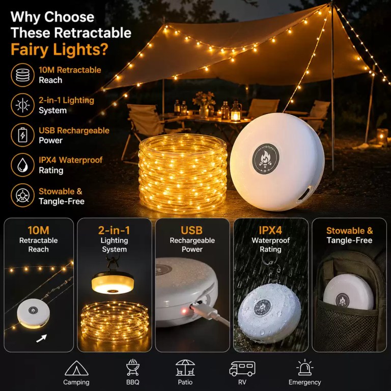 10M retractable LED fairy lights with USB rechargeable power, IPX4 waterproof rating, and a tangle-free design for camping and outdoor patios.