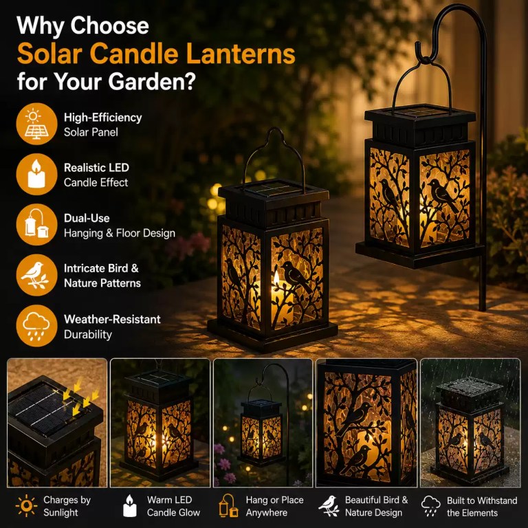 FJK Camping Gear solar candle lantern featuring a high-efficiency solar panel, realistic LED candle effect, intricate bird and nature patterns, and weather-resistant durability for garden and outdoor decor.