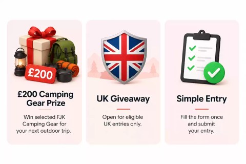 Premium camping gear giveaway highlights showing £200 prize, UK-only entry, and simple signup process