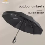 Compact fully automatic umbrella being used on a rainy UK city street.