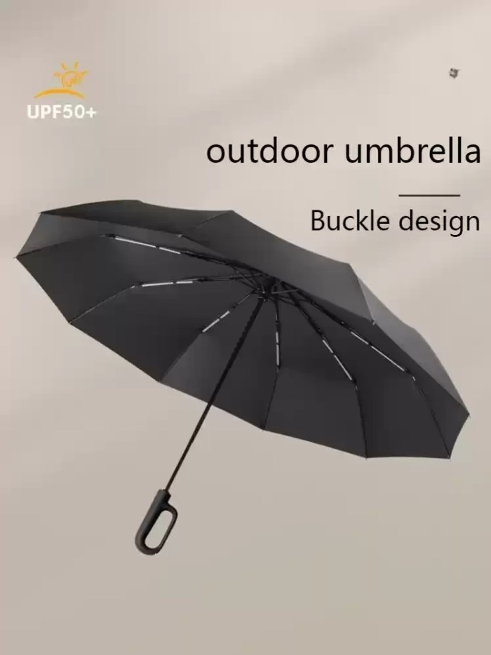 FULLY AUTOMATIC FOLDING UMBRELLA_5 Compact fully automatic umbrella being used on a rainy UK city street.