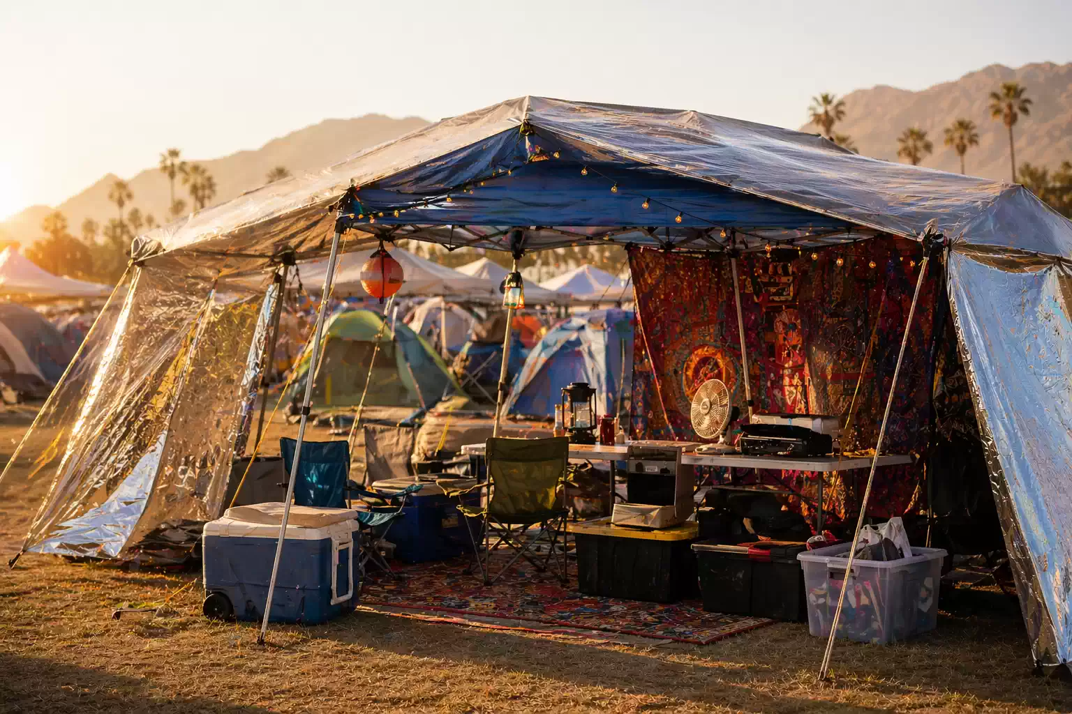 Camping canopy setup with shade tarp, chairs, cooler, and gear at festival campsite