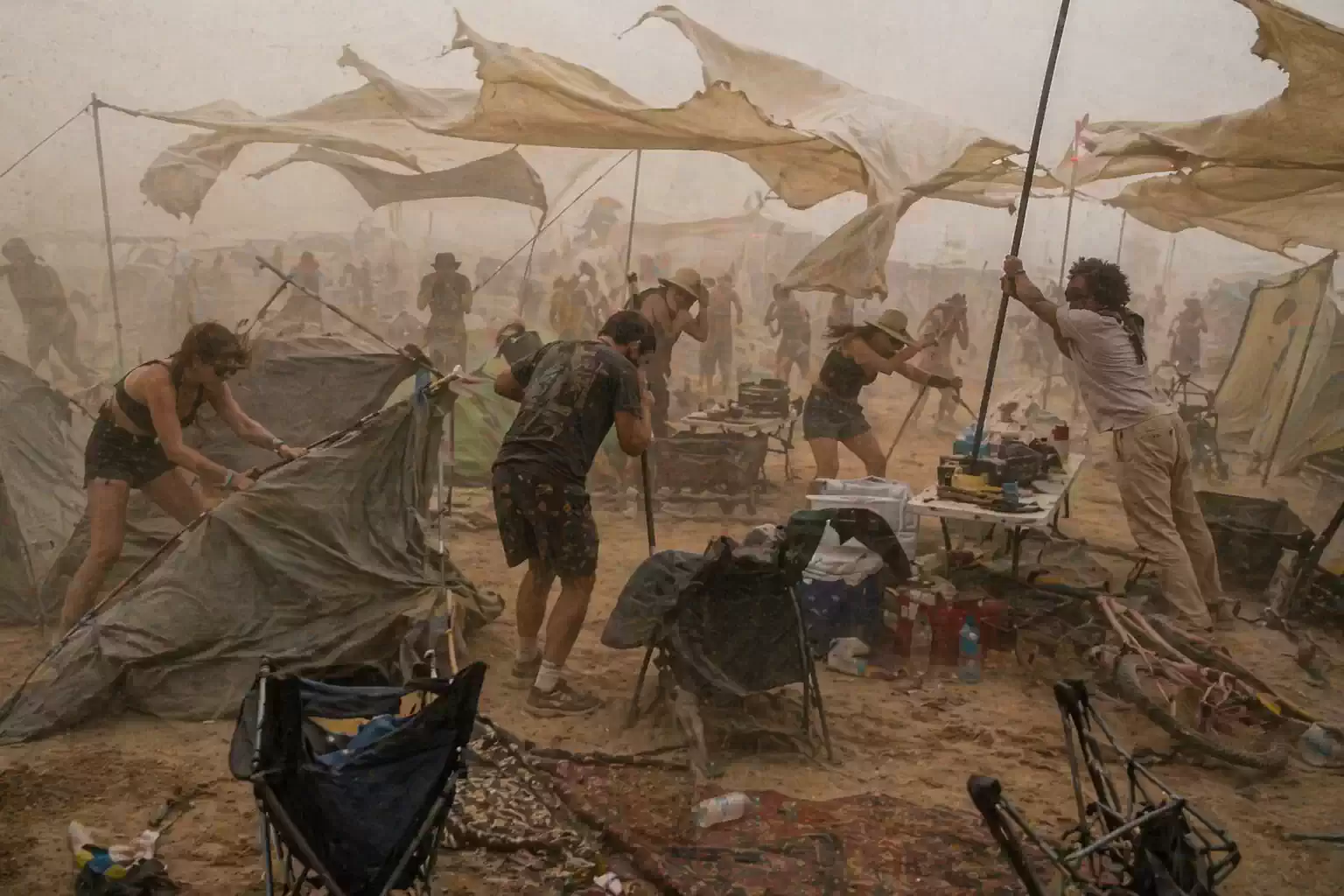 Campers struggling to hold down tents and canopy shelters in heavy dust storm, with flying tarps, scattered gear, and harsh desert conditions at festival campsite