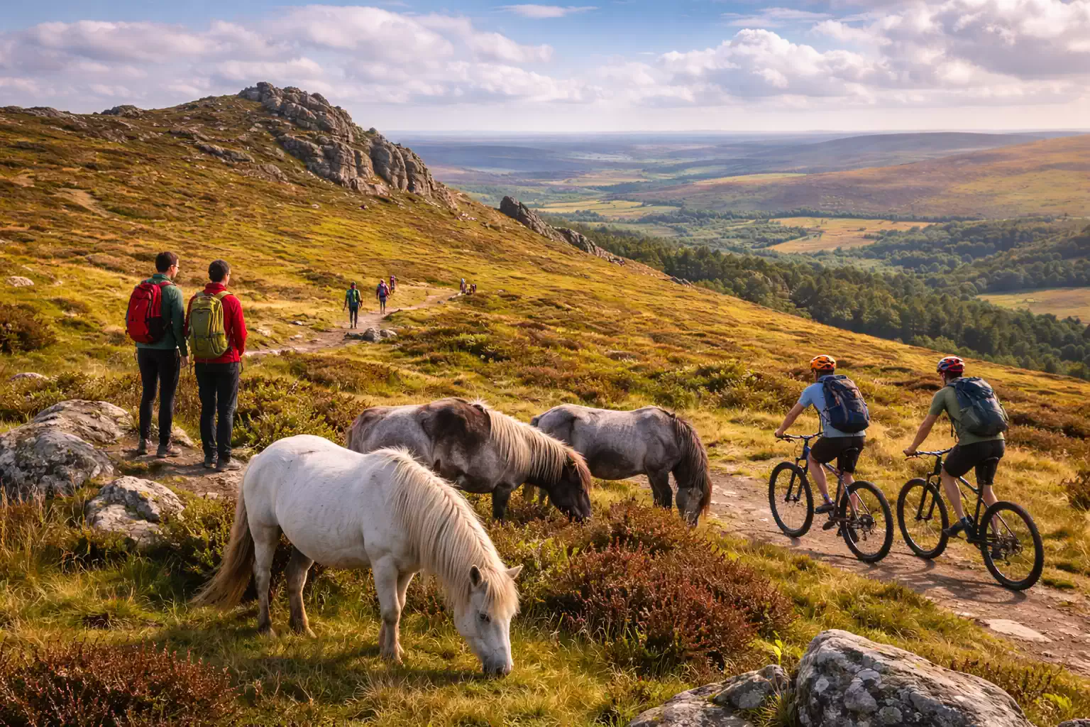 Dartmoor hiking and cycling UK scenic trails wild ponies moorland outdoor adventure Devon