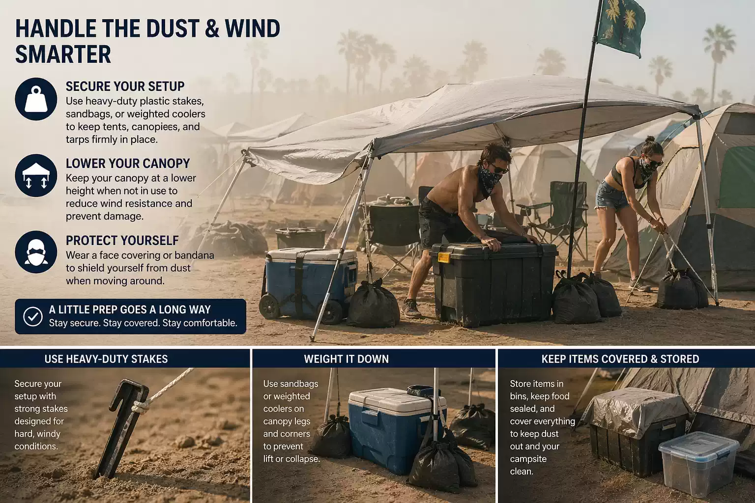 Campers securing canopy with sandbags and coolers in dusty windy conditions, with tips on staking tents, lowering canopy, and protecting gear at campsite