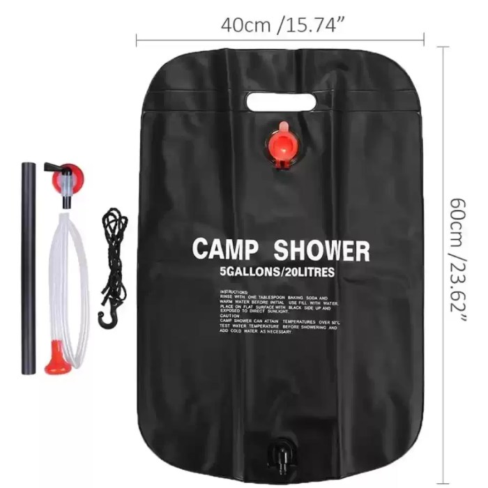 Solar heating camping shower bag with temperature gauge for UK outdoors.