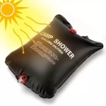 Adjustable shower head and flexible hose on 20L portable solar shower.