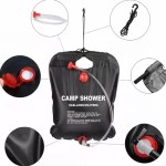 Front mesh pocket for toiletries on 20L solar camping shower bag.