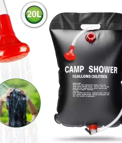 Large capacity 20L outdoor solar shower bag for UK camping hygiene.