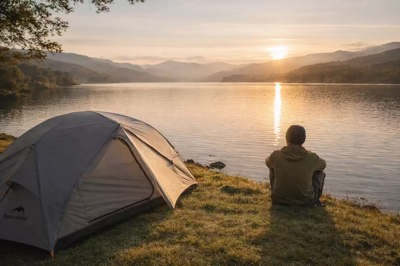 camper sitting by tent at lake district uk sunrise peaceful lakeside camping naturehike tent view