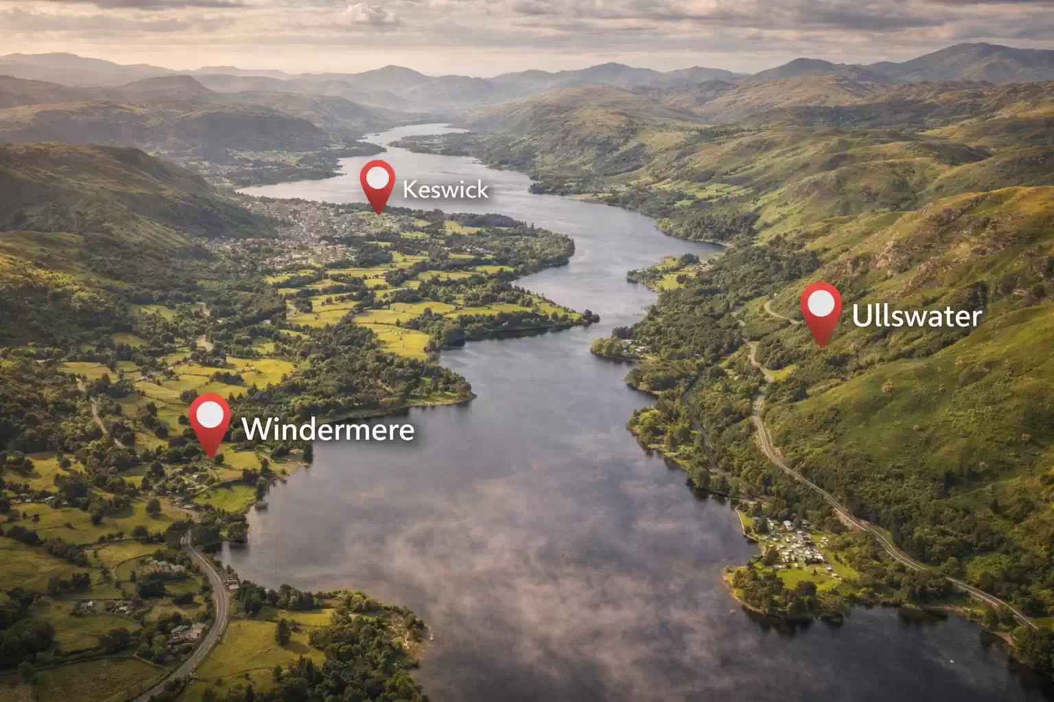 aerial map of Lake District UK showing Windermere Keswick and Ullswater scenic lakes and countryside view