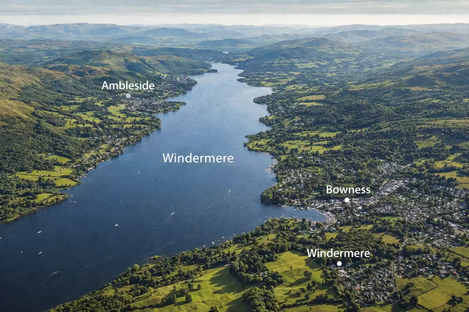 aerial map of Lake Windermere UK showing Ambleside Bowness and Windermere towns scenic lake district view