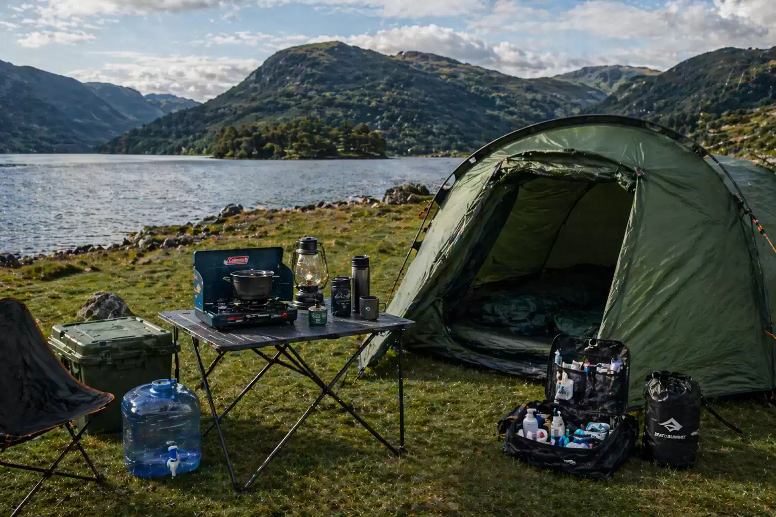 Camping tent by lake with portable stove, lantern, water container and outdoor cooking setup