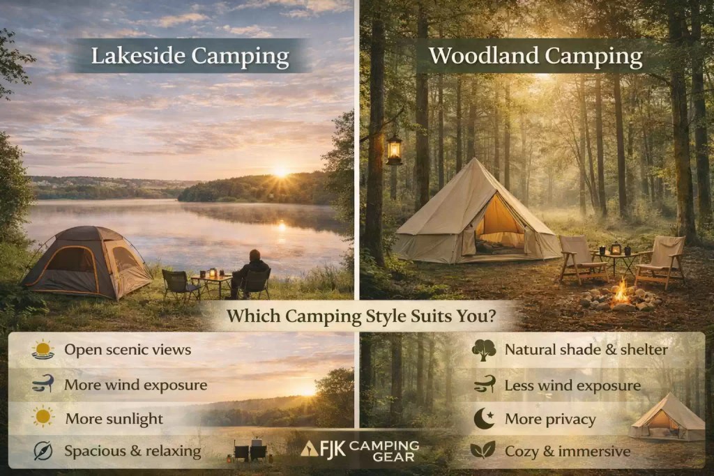 Lakeside vs woodland camping UK comparison showing scenery, privacy, wind and comfort differences
