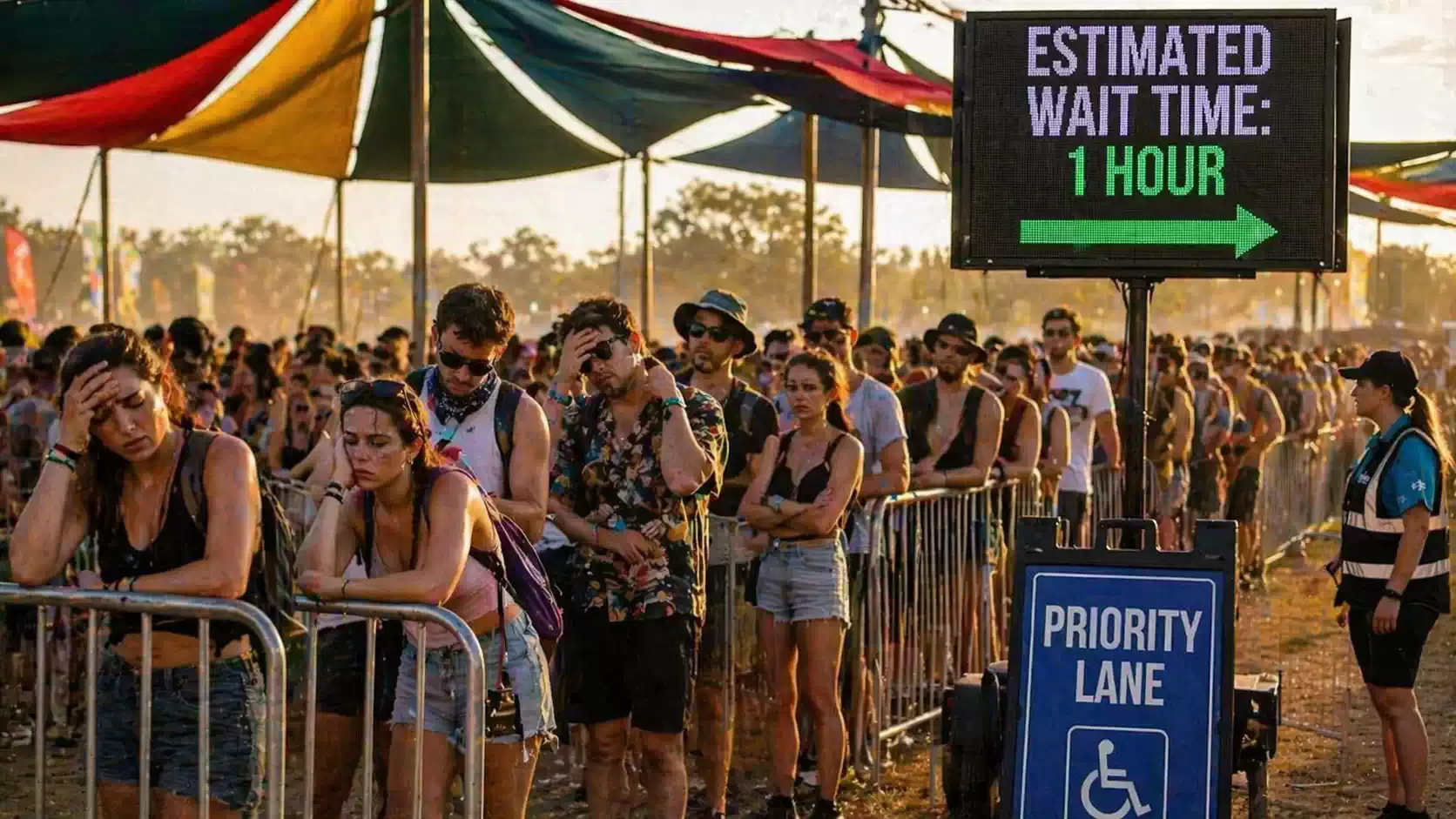 Long queue of festival attendees waiting in heat under shade tents, with digital sign showing “estimated wait time 1 hour” and priority lane signage visible