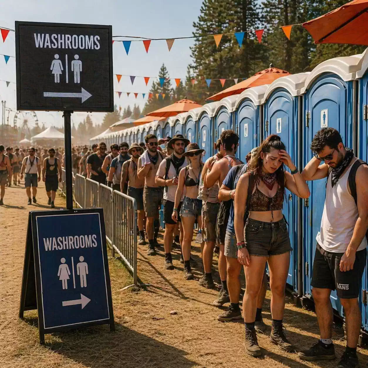 Festival crowd waiting in long line outside portable toilets, with washroom sign and tired campers standing in heat at outdoor campsite
