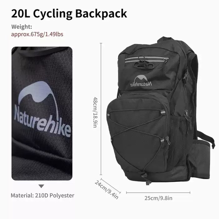 Naturehike Cielo 20L cycling backpack with size guide and 210D polyester fabric
