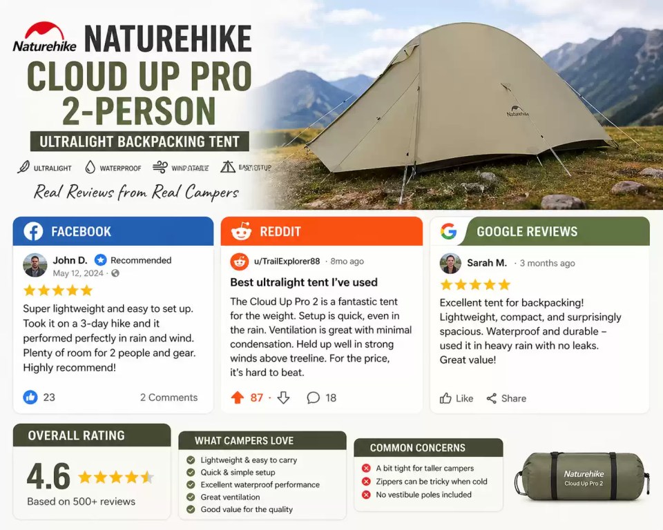 2-person Naturehike Cloud Up Pro tent in mountains with Facebook Reddit Google reviews and ratings
