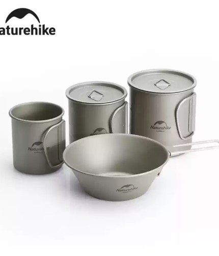 Naturehike pure titanium camping cup and bowl set for lightweight hiking.