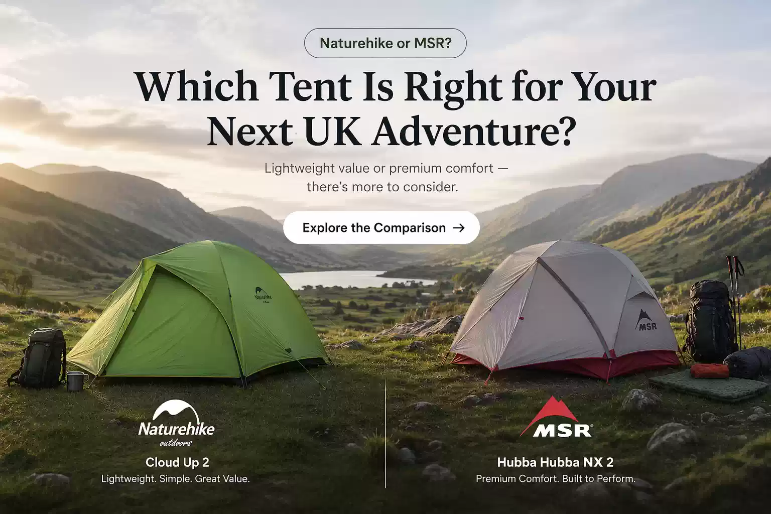 Naturehike Cloud Up 2 vs MSR Hubba Hubba NX 2 tents comparison in UK countryside for backpacking