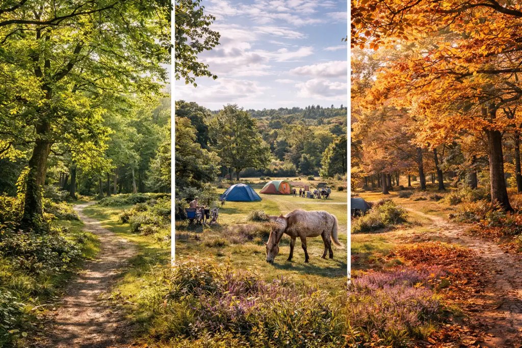 new forestcamping seasons uk showing spring greenery summer campsite with tents and ponies and autumn forest trail with colourful leaves