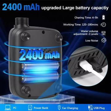 rechargeable camping shower pump 2400mAh with USB charging for camping and campervan trips