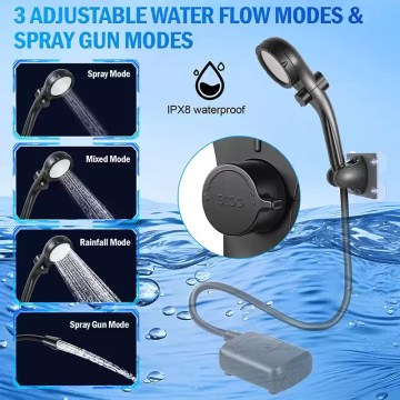 camping shower pump with 3 spray modes and IPX8 waterproof design