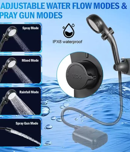 camping shower pump with 3 spray modes and IPX8 waterproof design