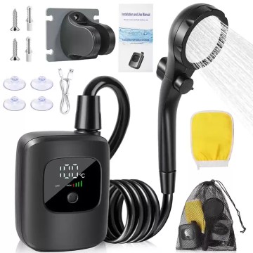 camping shower pump kit with handheld shower head, hose, suction cups and carry bag