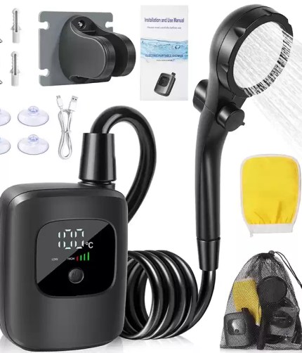 camping shower pump kit with handheld shower head, hose, suction cups and carry bag