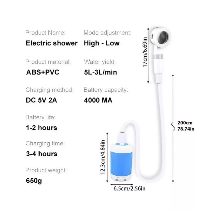 PORTABLE RECHARGEABLE OUTDOOR SHOWER_2 Versatile USB-C outdoor shower kit for van life, beach trips, and wild camping.