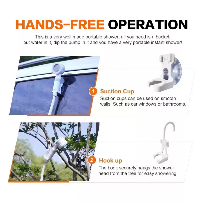 PORTABLE RECHARGEABLE OUTDOOR SHOWER_4 Battery-powered portable shower with adjustable water flow for campsite hygiene.