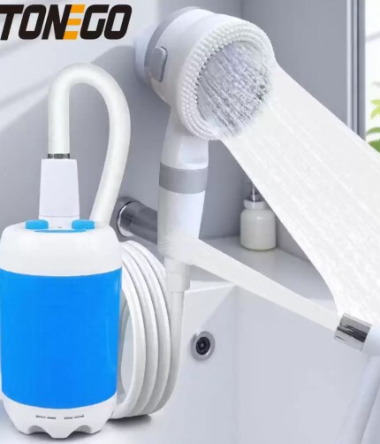 Portable rechargeable outdoor shower: Handheld USB-powered pump for UK camping and festivals.