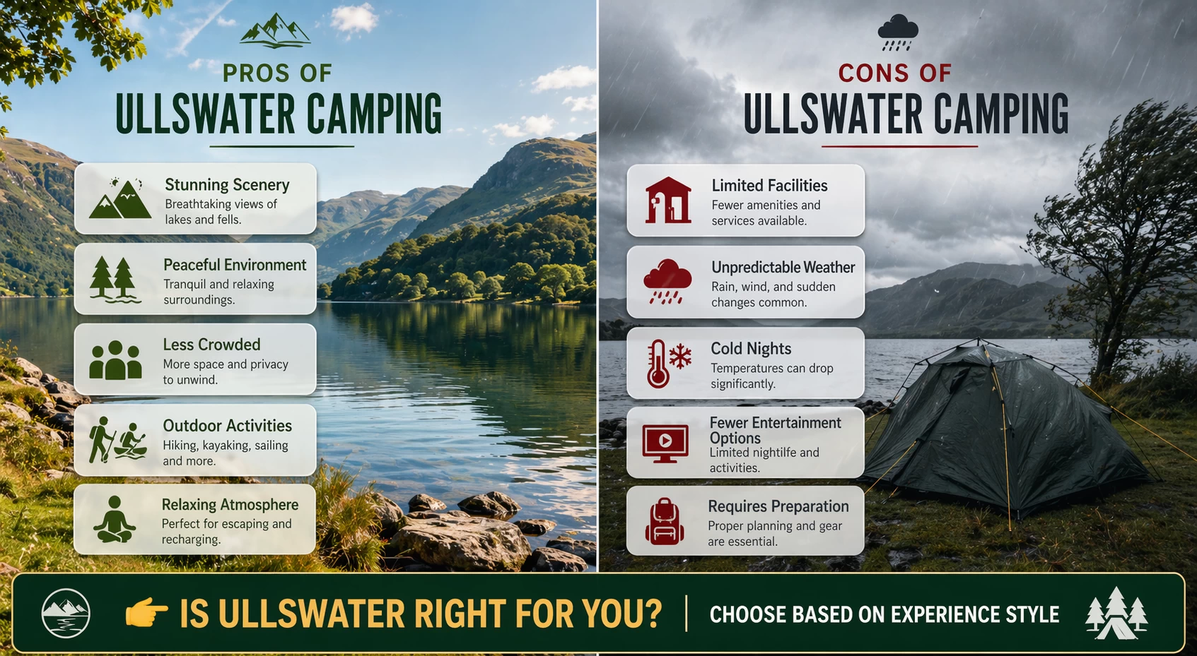 Ullswater camping pros and cons infographic showing scenery benefits and challenges like weather and limited facilities