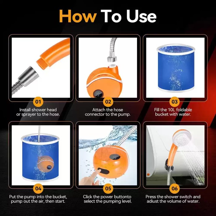 UK camping shower instructions for rechargeable electric shower pump with bucket and hose setup