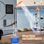 UK portable camping shower pump spraying water, ideal for campervan and caravan trips