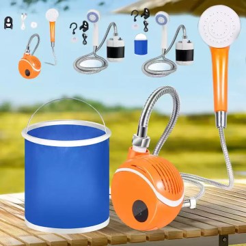 UK camping shower kit – rechargeable electric shower pump with 10L folding bucket, hose and shower head