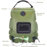 UK 20L solar shower bag features: carry handle, fill cap, hose and shower head