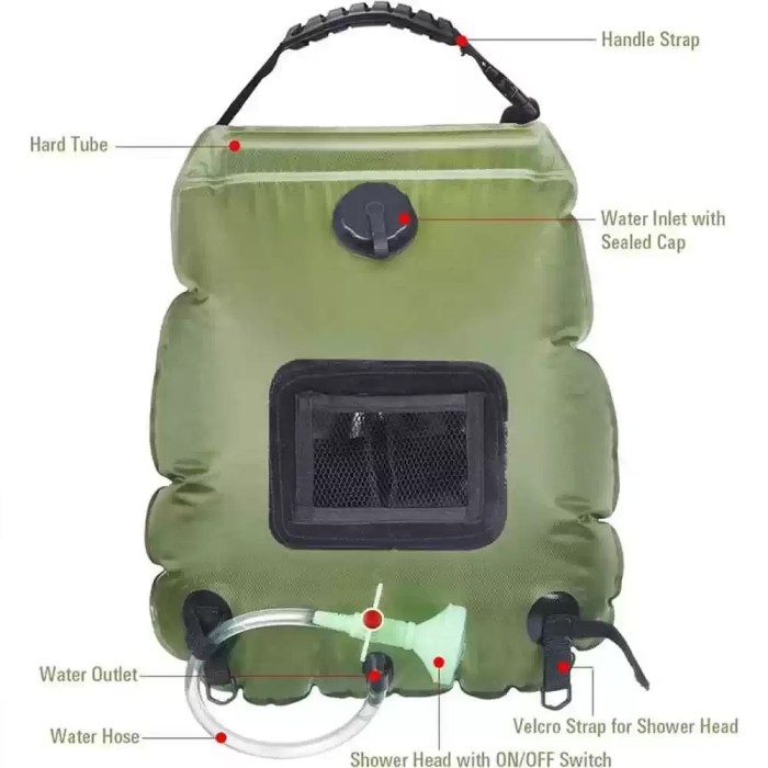 SOLAR SHOWER BAG 20L_1 UK 20L solar shower bag features: carry handle, fill cap, hose and shower head
