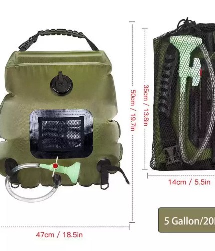 UK solar camping shower bag 20L size guide with mesh storage bag