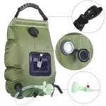 UK solar shower bag 20L details: buckle strap, wide fill opening and on/off shower head