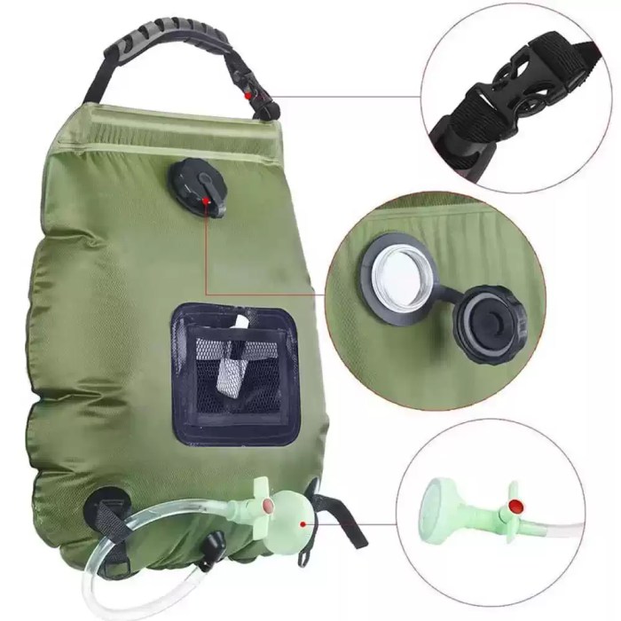 SOLAR SHOWER BAG 20L_3 UK solar shower bag 20L details: buckle strap, wide fill opening and on/off shower head